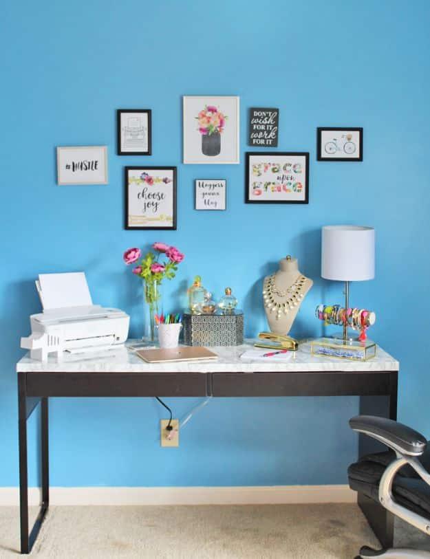 DIY Office Furniture - DIY Marble Desk Top - Do It Yourself Home Office Furniture Ideas - Desk Projects, Thrift Store Makeovers, Chairs, Office File Cabinets and Organization - She