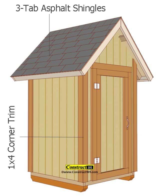 Small shed plans, a color drawing of a yellow 4x4 gable shed labeled 3-tab asphalt shingles and 1x4 corner trim