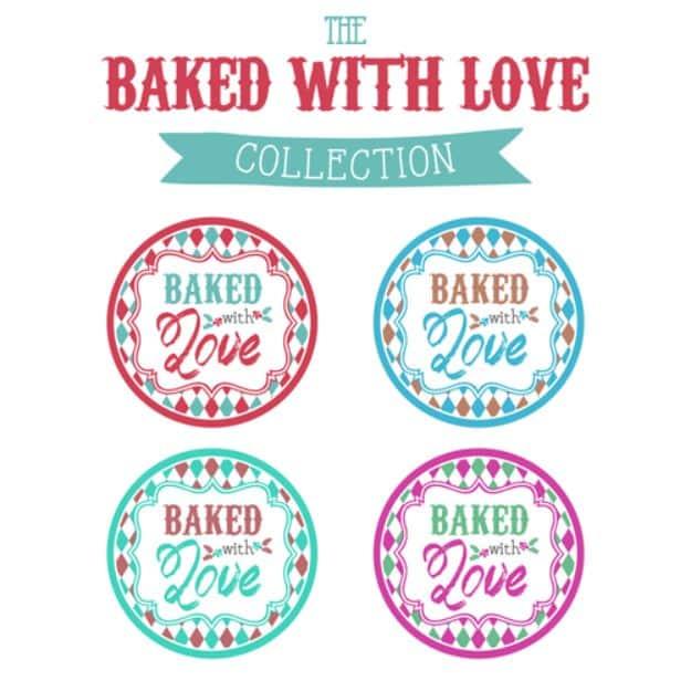 Baked with love printable tags, four round tags in red, blue, teal and pink with a typeset collection header above