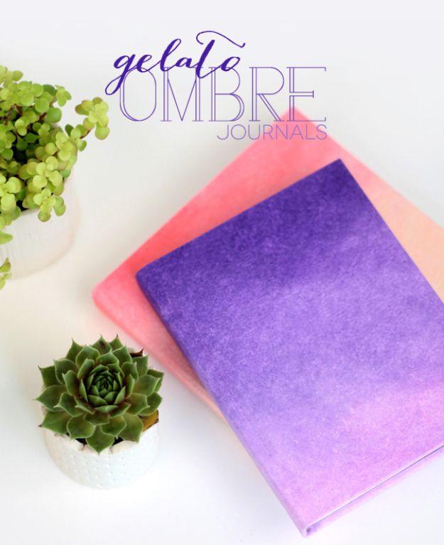 Pin graphic reading Gelato Ombre Journals over a single purple to pink ombre journal with two potted succulents beside it