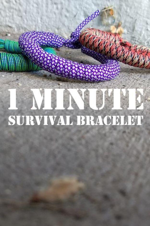 Pin graphic reading 1 Minute Survival Bracelet over purple, teal and red round chain sinnet paracord bands