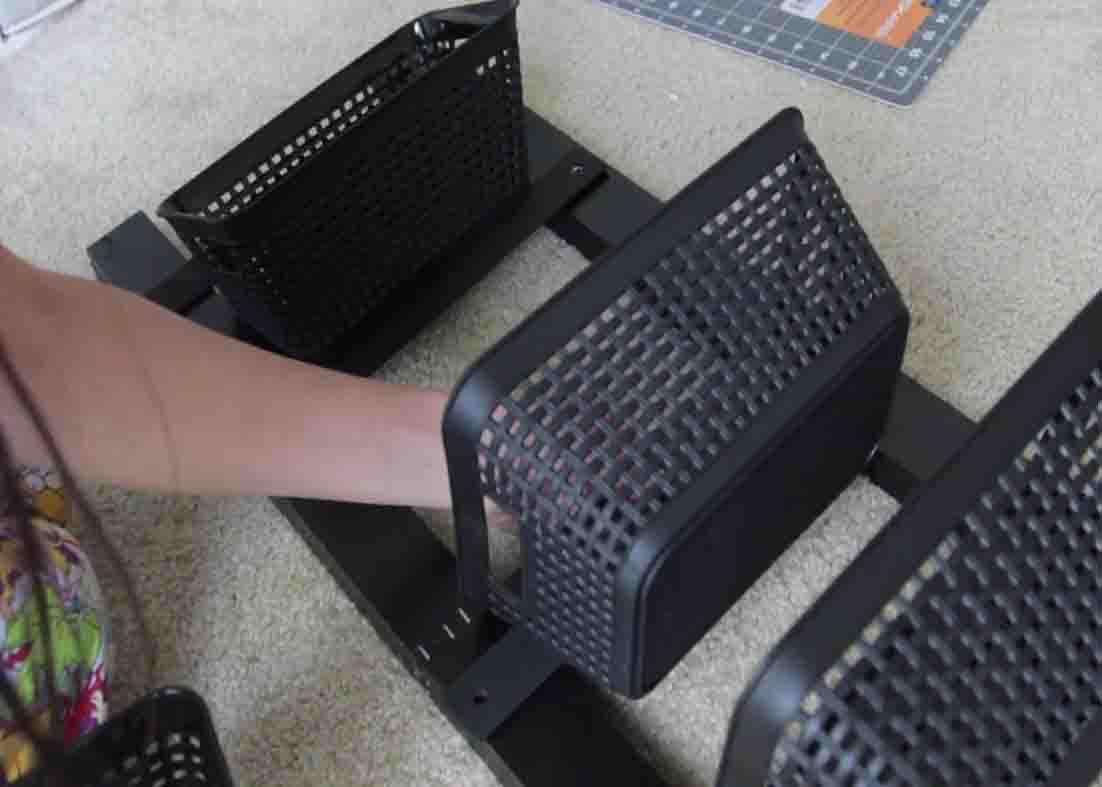 Attaching the baskets to complete the DIY Dollar Tree basket organizers