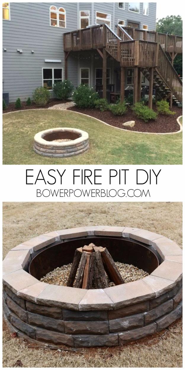 Easy fire pit DIY graphic with the before yard and a finished tan retaining wall block ring filled with logs