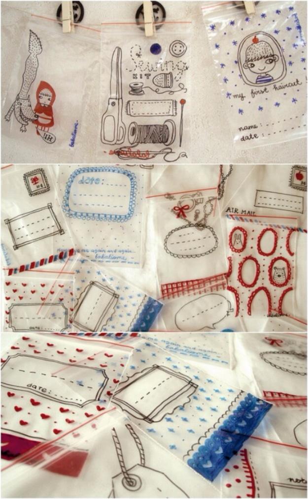 Sharpie zip locks, clear plastic zip bags hand drawn with tiny illustrations and lettering in black, red and blue