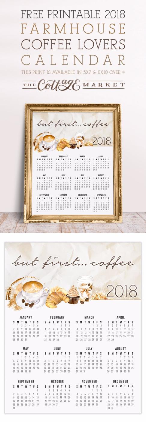 Farmhouse coffee lover calendar free printable, a framed one page year calendar with a watercolor coffee cup design
