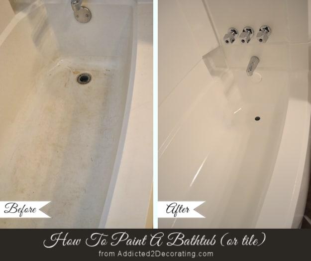 DIY home repair: a stained bathtub before and after refinishing, under a typeset How To Paint A Bathtub title