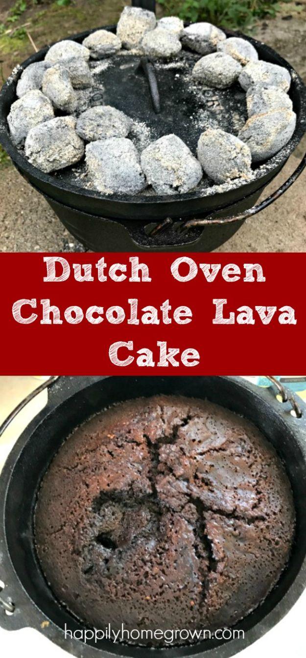 Dutch oven chocolate lava cake baked over charcoal, with a molten cocoa sauce under the soft cake layer