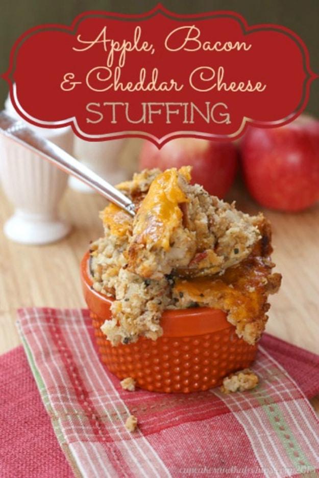 Gluten free apple stuffing with crisp bacon, cubed sharp cheddar and chopped apple, baked golden brown