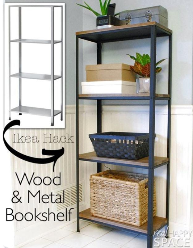 Wood and Metal Bookshelf, simple to scale up or down as needed and a clever way to reuse scraps you already have