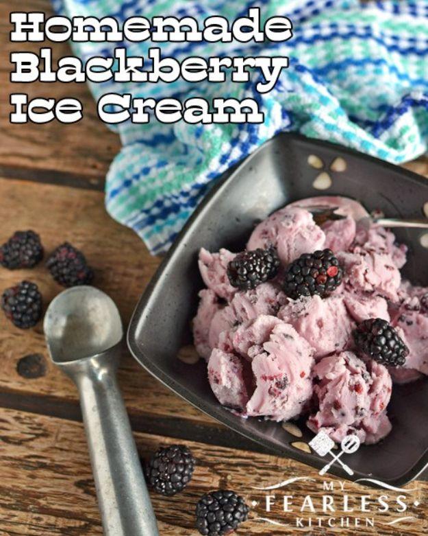 Homemade blackberry ice cream in a bowl, deep purple with berry pieces, a simple five ingredient dessert