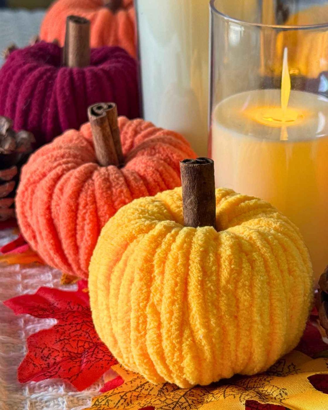 DIY Gifts Idea - chenille yarn pumpkins in mixed fall colors, a thoughtful handmade gift for the holidays.