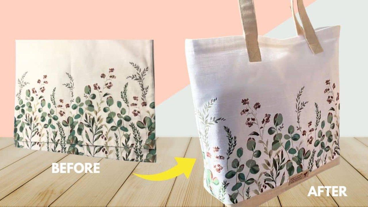 Placemat tote bag, a before and after photo of a botanical print placemat beside the finished tote with tan canvas handles