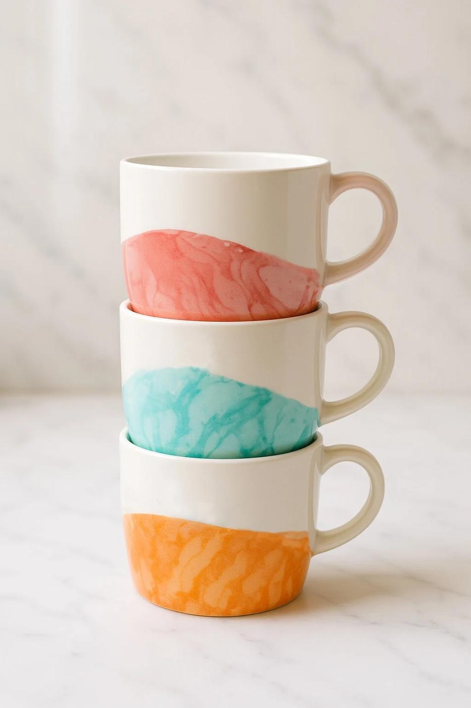 Marbled nail polish mugs made with pink, green and orange swirl pattern for a stack of crafts to sell