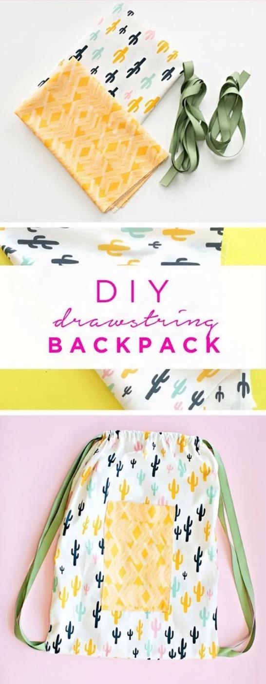Sewing projects for boys drawstring backpack in a cactus print with a yellow panel and green cord straps on a pink background
