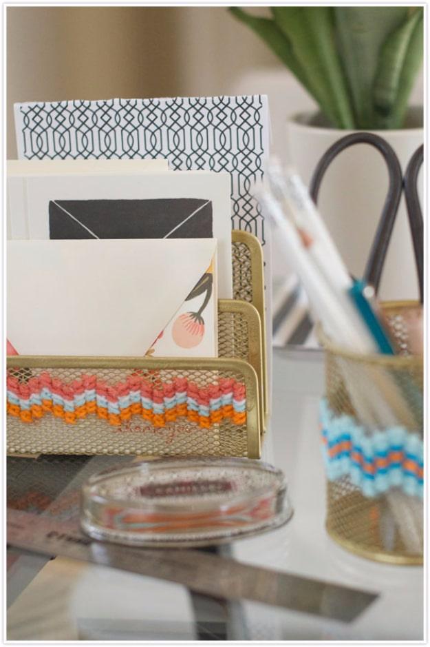 DIY Cross Stitch Office Supplies, a fun DIY yarn craft worth trying this weekend and a charming handmade touch for any room