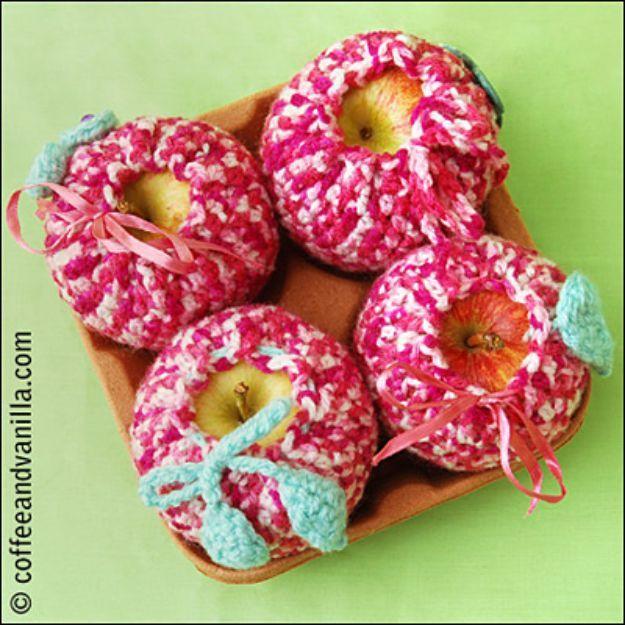 Fall apple decor with creative seasonal tutorial and easy classroom project, focused on the finished crochet apple cosy