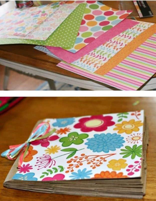 Two panel image of patterned scrapbook paper sheets above a finished paper bag album with a floral cover