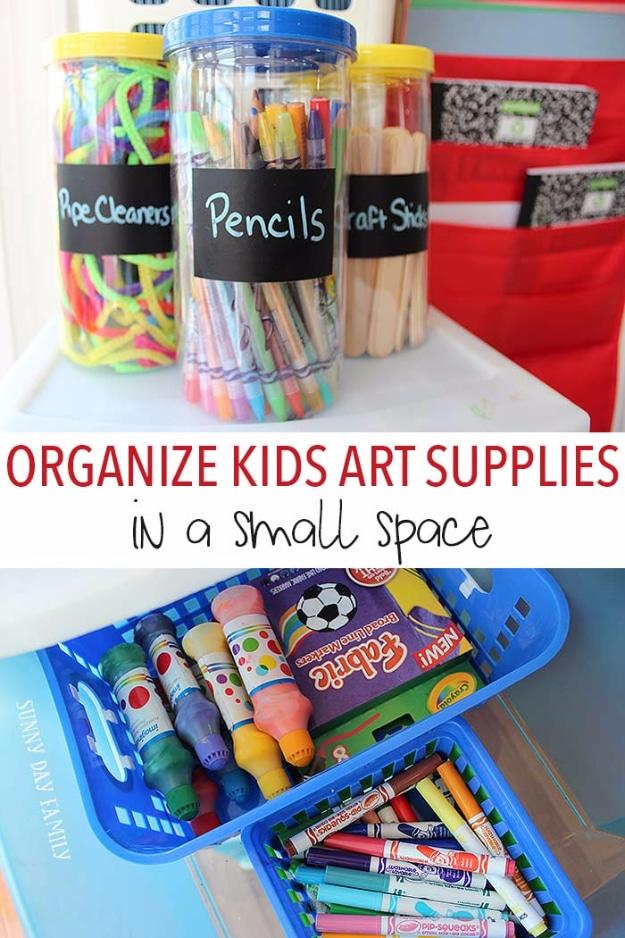Organize kids art supplies graphic, labeled canisters of pipe cleaners and pencils above blue baskets of markers and paint
