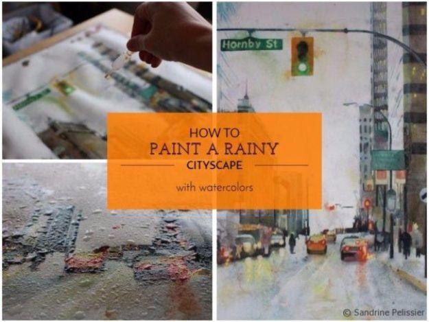 Watercolor Tutorials and Techniques - How To Paint A Rainy Cityscape - How To Paint With Watercolor - Make Watercolor Flowers, Ocean, Sky, Abstract People, Landscapes, Buildings, A