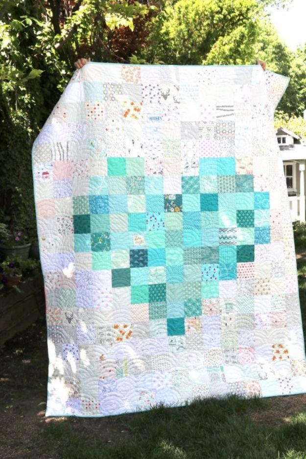 Pixelated Heart Patchwork Quilt, gentle on the wallet and the schedule and a satisfying finish for not much work