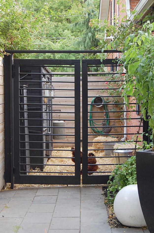 Coop gate DIY, a black steel framed gate with horizontal bars in front of a chicken run with hens visible behind it
