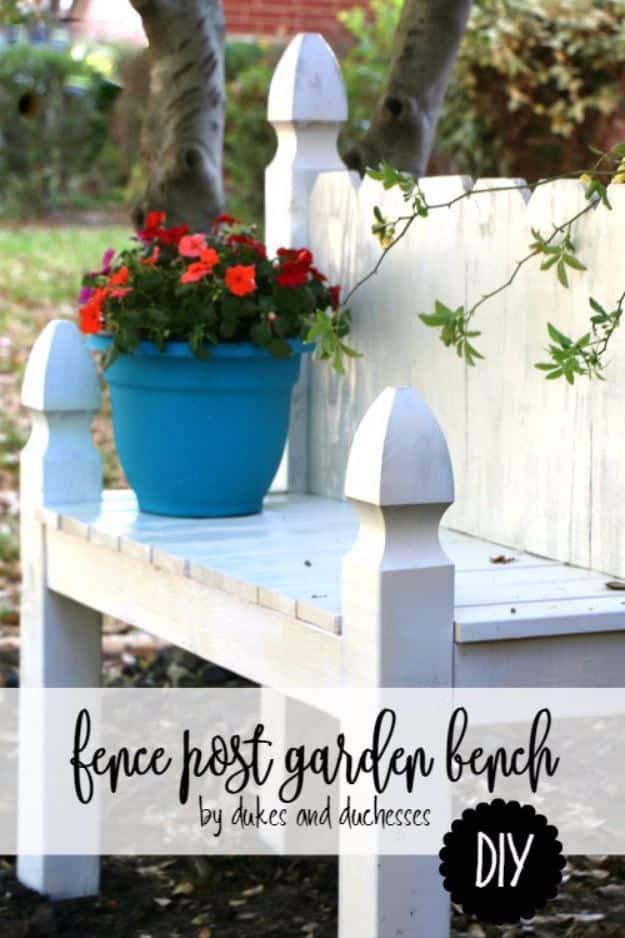 Fence post garden bench, a white painted picket back bench in a garden holding a turquoise pot of red flowers