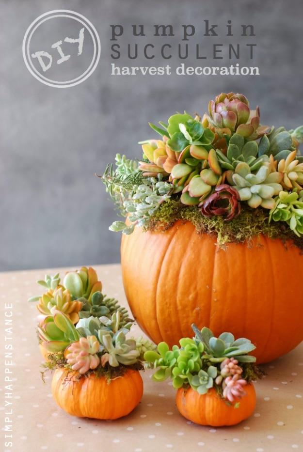 Orange pumpkin topped with green moss and a full arrangement of green and purple succulent cuttings on top