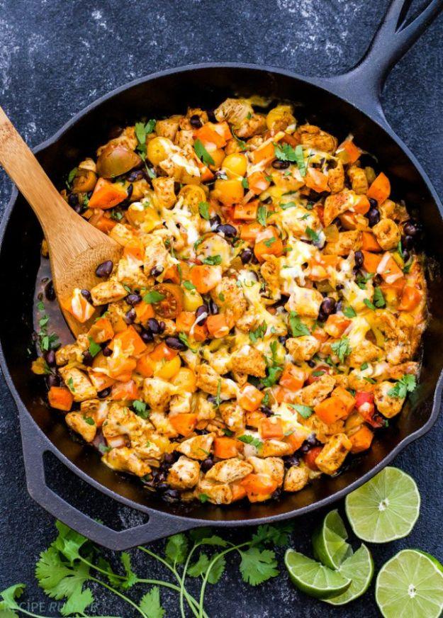 Sweet Potato Recipes - Mexican Chicken, Sweet Potato and Black Bean Skillet - Easy Recipe Ideas for Sweet Potatoes in the Crockpot, Casserole Dishes, Baked, Mashed, Candied and Roa