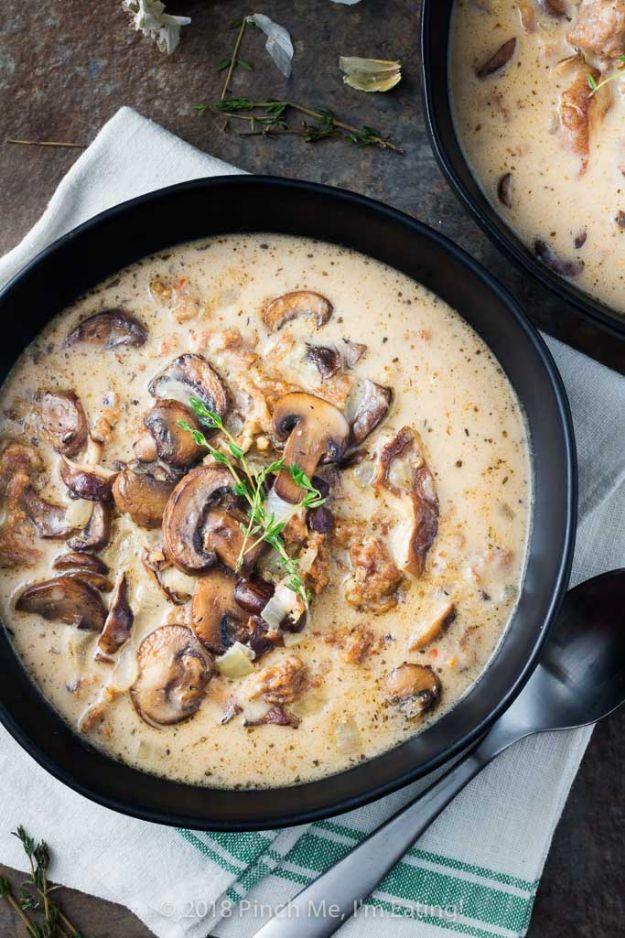Creamy mushroom soup with Italian sausage, a thick cream soup with sliced mushrooms, sausage and fresh herbs
