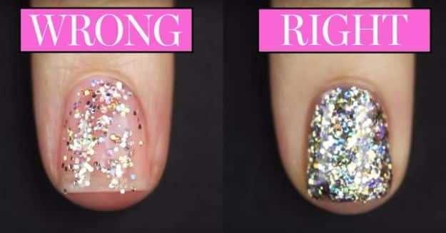 Putting Glitter Nail Polish The Right Way, a pretty design perfect for a night out and a creative way to make plain nails pop