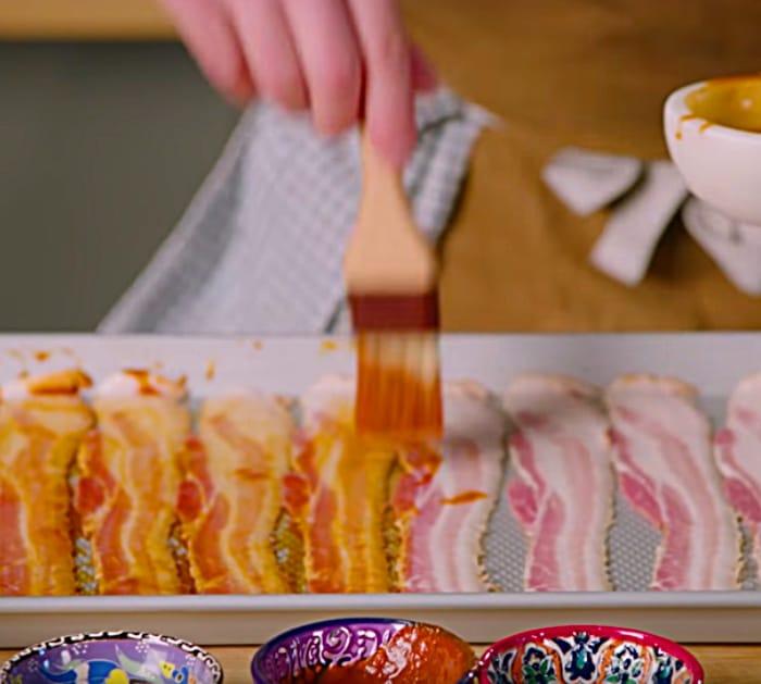 make Candy Bacon with Sriracha, Tabasco, Maple Syrup and Brown Sugar
