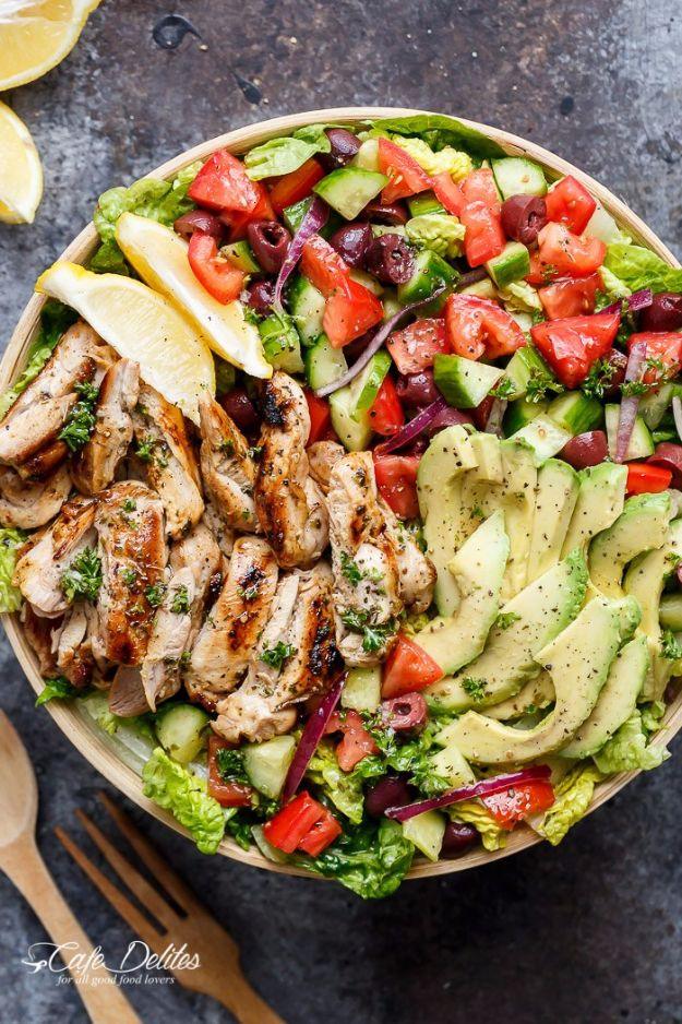 Grilled lemon herb Mediterranean chicken salad with sliced grilled chicken, avocado, tomato and olives in a bowl