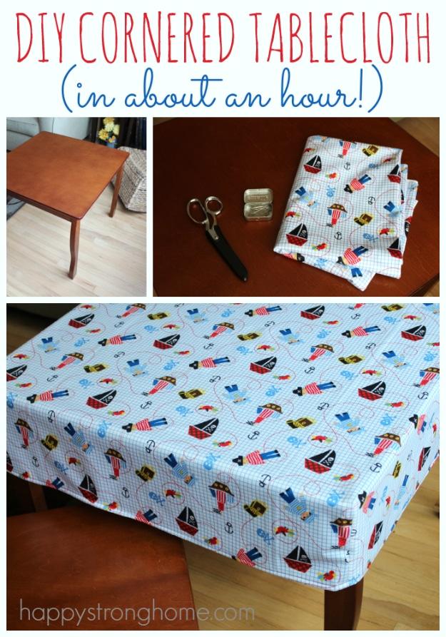 Nautical print fitted tablecloth on a dining table, shown with scissors and folded fabric in a title collage