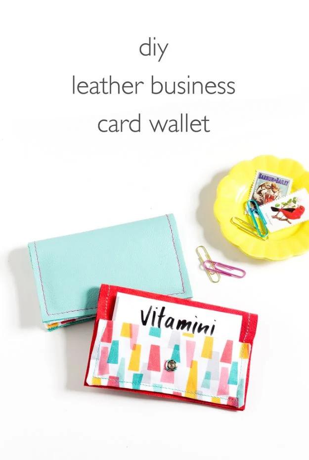 DIY leather business card wallet, a mint leather card holder beside a cream one lined with a bright multicolor stripe