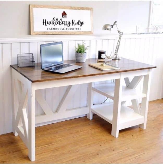 DIY Office Furniture - Farmhouse X Office Desk - Do It Yourself Home Office Furniture Ideas - Desk Projects, Thrift Store Makeovers, Chairs, Office File Cabinets and Organization -