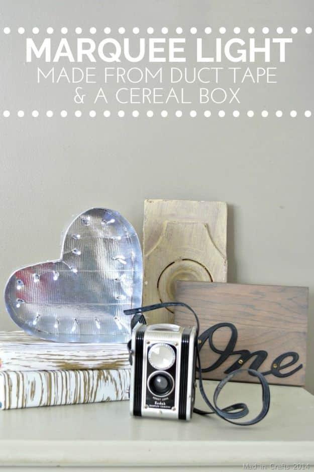 Marquee Light Made From Duct Tape & Cereal Box, one of the best cereal box crafts on this list and worth a look