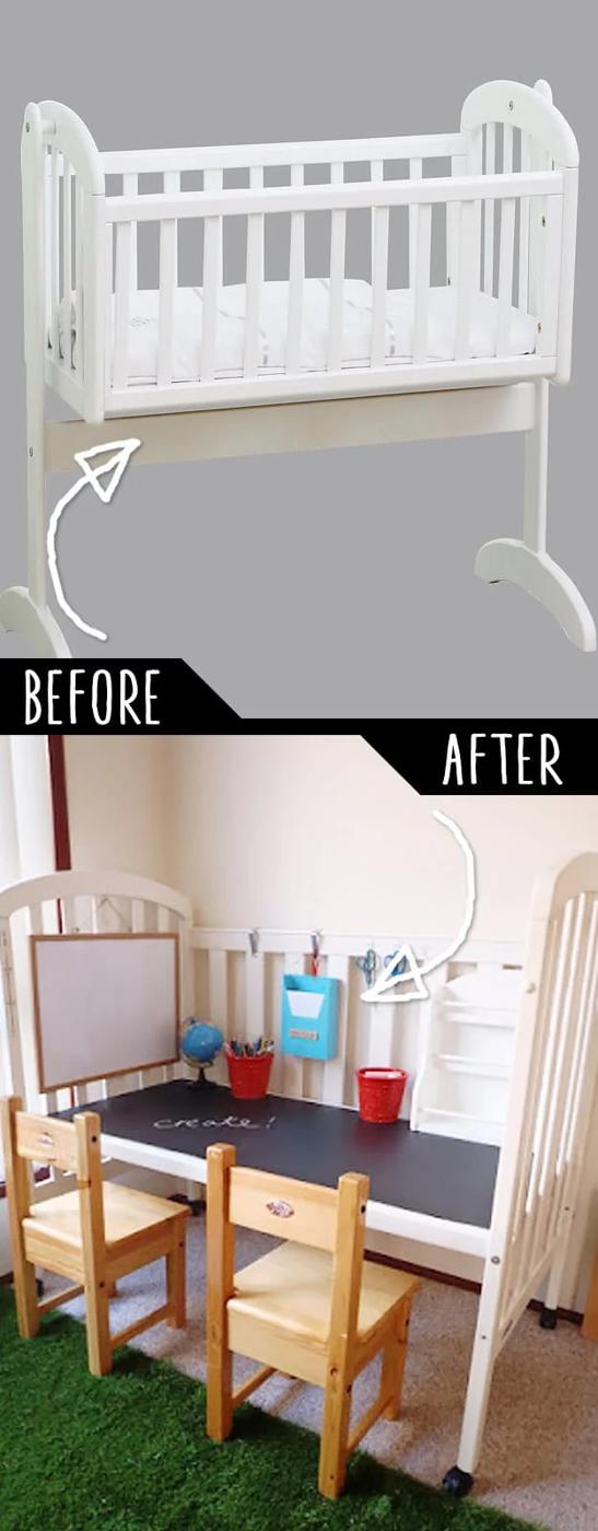 Before and after collage of a white drop side cot above the same cot converted to a chalkboard top child's desk