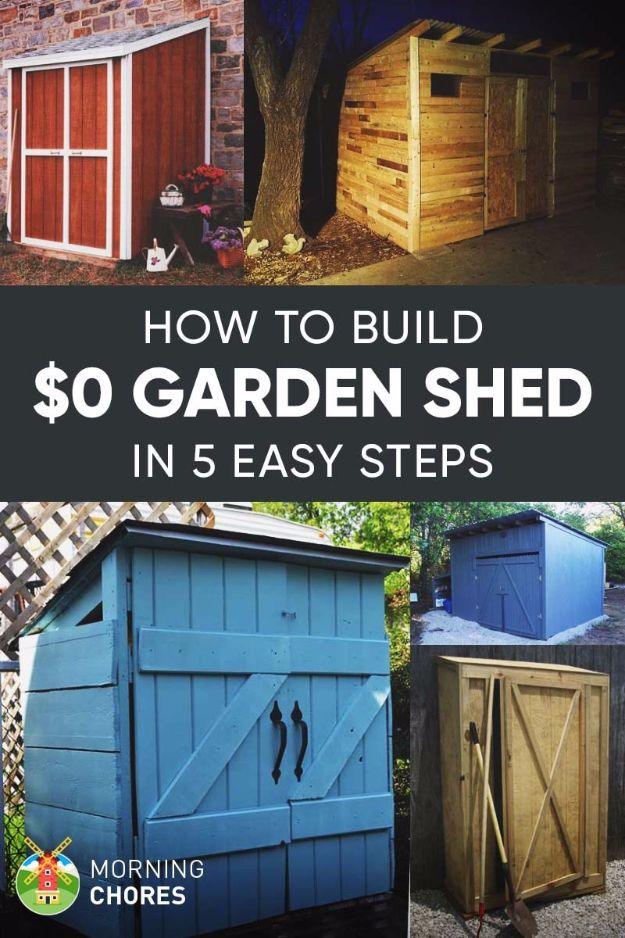$0 garden shed, a photo grid of six homemade pallet sheds in red, blue, raw timber and whitewashed wood in gardens
