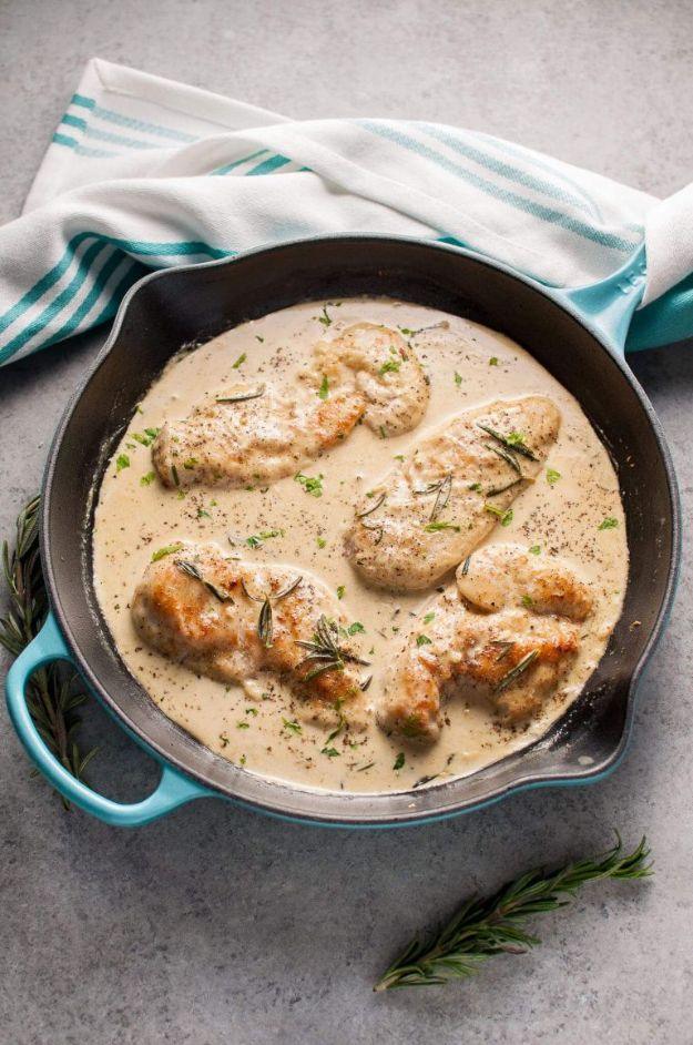 Creamy dijon rosemary chicken cutlets in a skillet under a pale mustard cream sauce with fresh rosemary