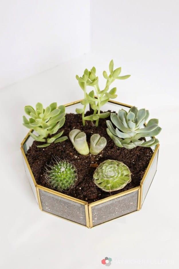 Upcycled Brass Light Fixture Succulent Terrarium, one of the best succulent craft ideas on this list and worth a look