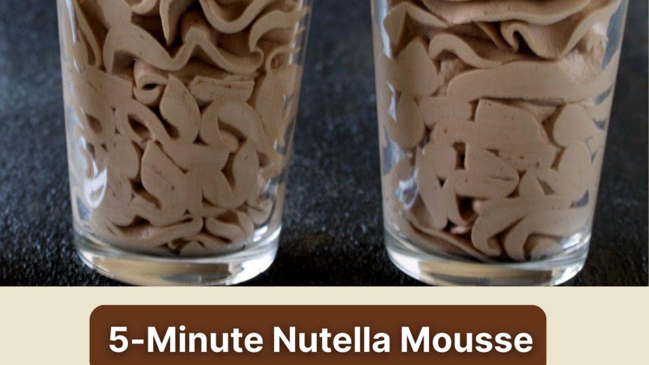 Nutella mousse spooned into small glasses, an easy five minute no bake chocolate hazelnut dessert recipe