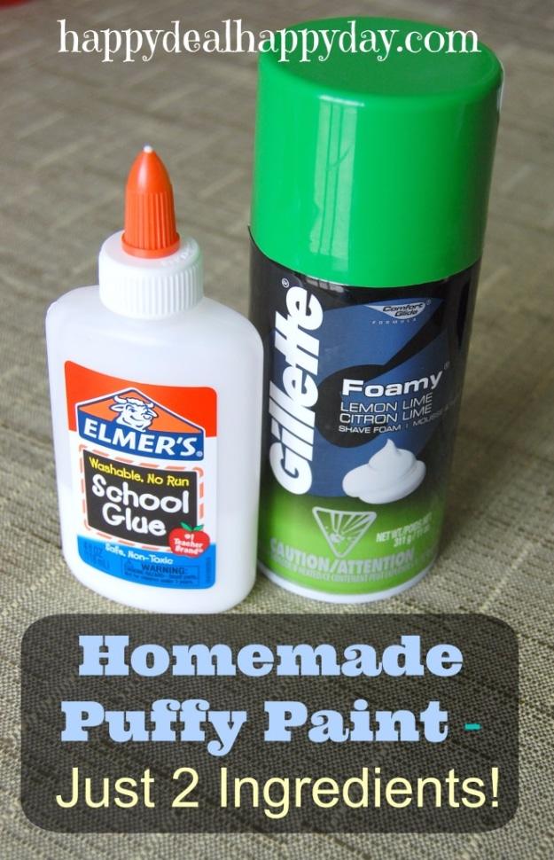 Homemade puffy paint ingredients, a bottle of white school glue and a can of shaving foam on a burlap background