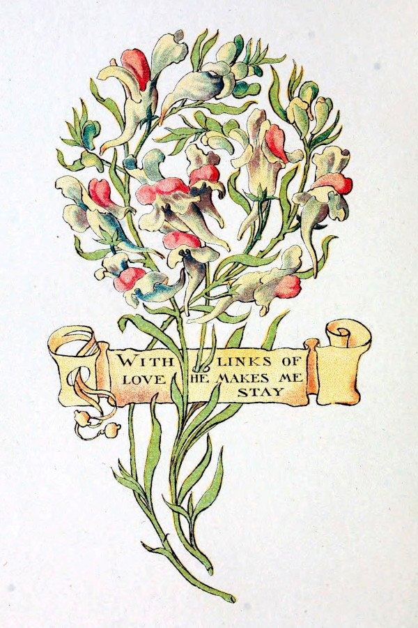 Vintage heart printable, Victorian painted sweet peas twisted into a heart shape with a small scroll of verse across