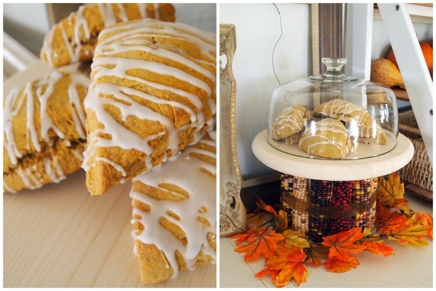 Cake stand made from a coffee can covered in sliced Indian corn with a ribbon, under a glass cloche with scones