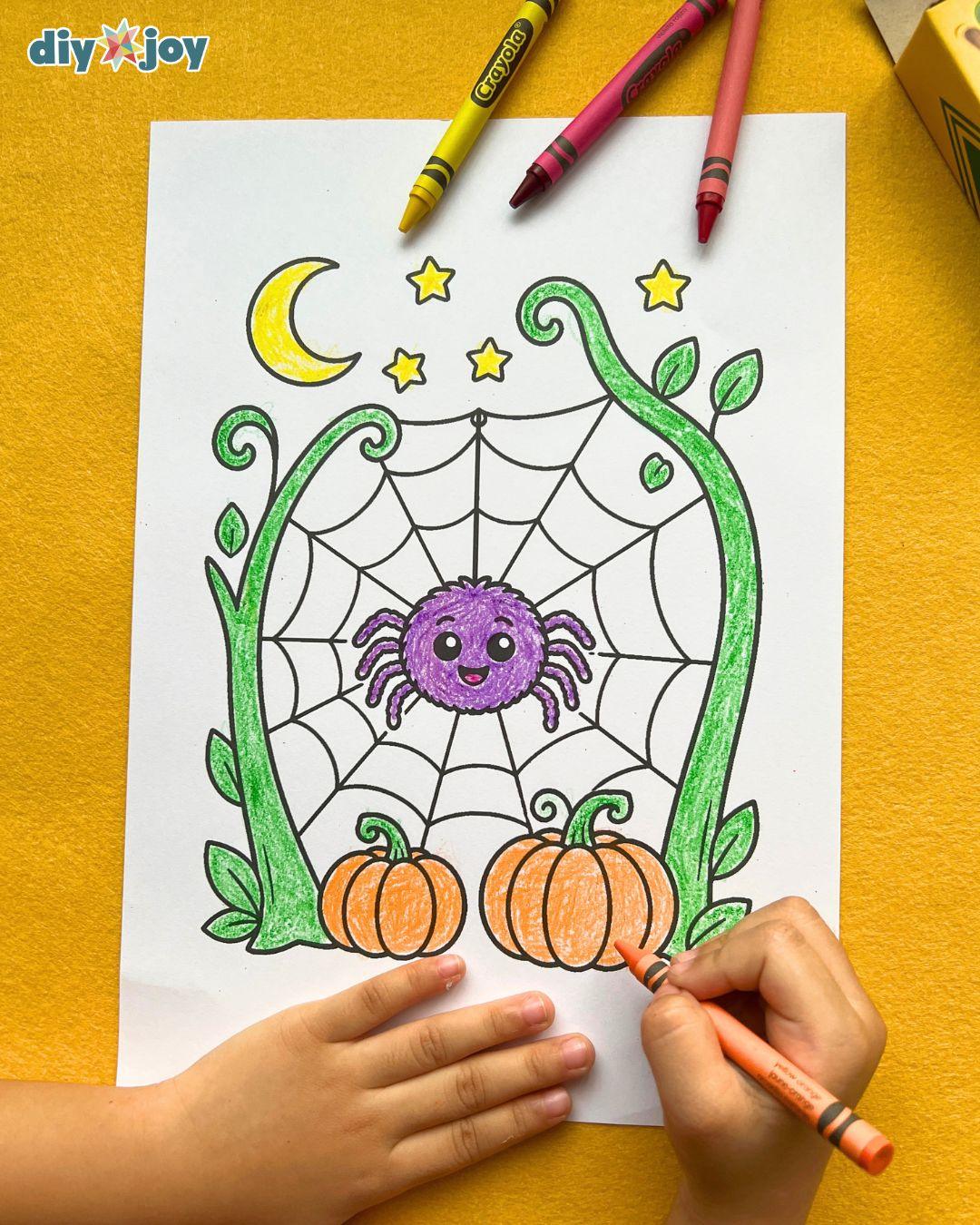 free printable coloring page for Halloween - spider web with pumpkins