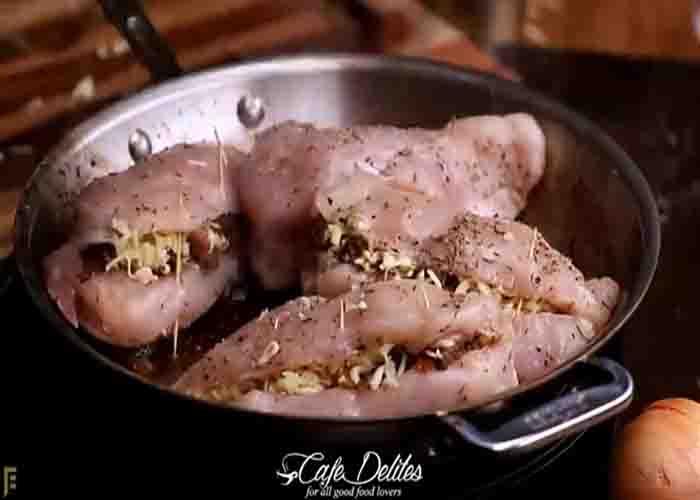Frying the French onion stuffed chicken