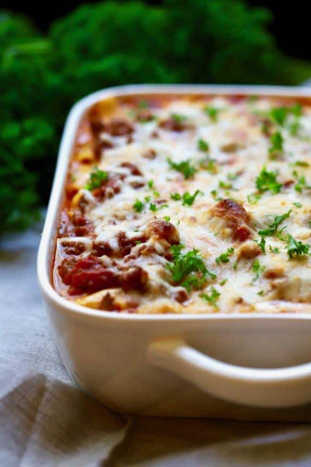 Make ahead baked ziti with ground beef, Italian sausage, ricotta and browned bubbling mozzarella on top