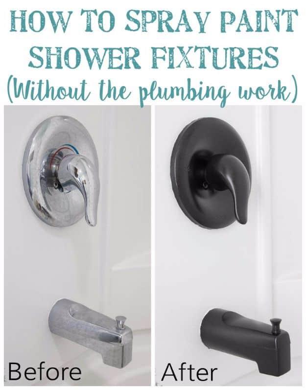 Titled graphic How To Spray Paint Shower Fixtures, before and after of a chrome handle and spout gone matte black