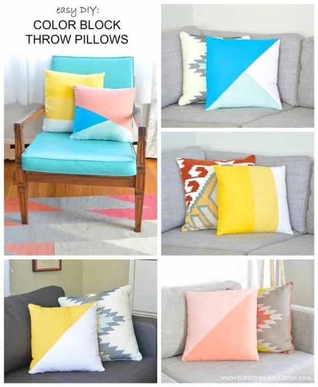 Easy colorblock throw pillows, a home sewing project with pink blue and yellow geometric pillow covers on a sofa