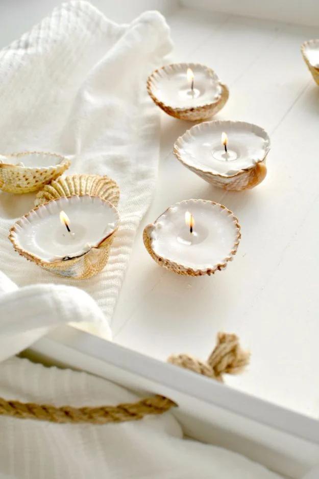 DIY Handmade Shell Candles, a pretty DIY candle idea for the home and a budget friendly way to dress up a mantel